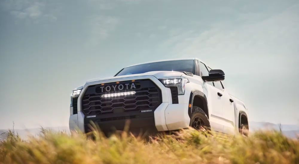 White 2024 Toyota Tundra TRD Pro parked in a wheat field.